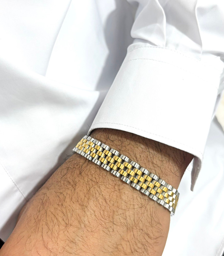 دستبند رولکس دورنگ نقره ای طلایی پهن