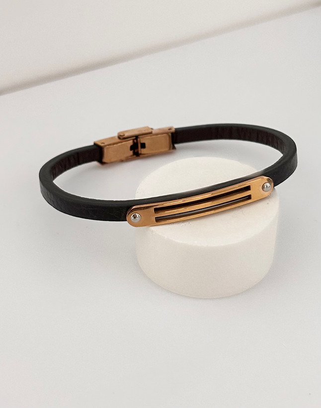 دستبند چرم مردانه پلاک استیل طلایی