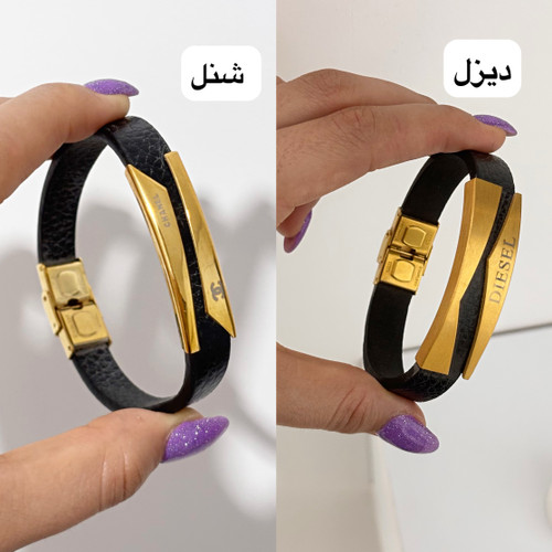 دستبند چرم پلاک استیل رنگ ثابت مردانه