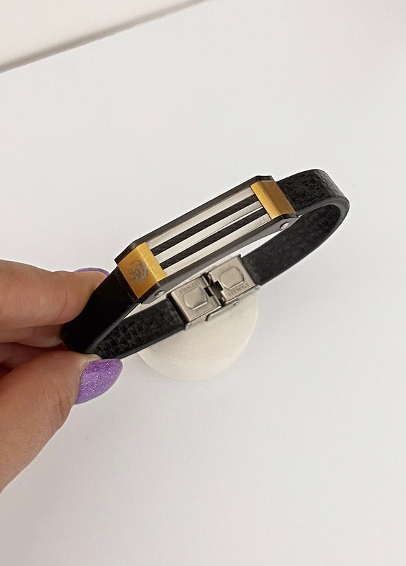 دستبند چرم پلاک طلایی نقره ای مردانه