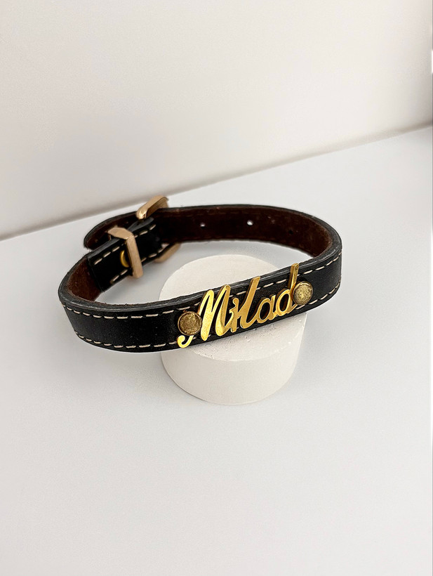 دستبند چرمی پلاک اسم میلاد