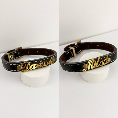 دستبند پلاک دار اسم میلاد و داریوش با بند چرمی