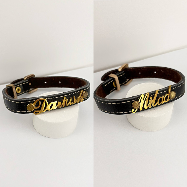 دستبند پلاک دار اسم میلاد و داریوش با بند چرمی