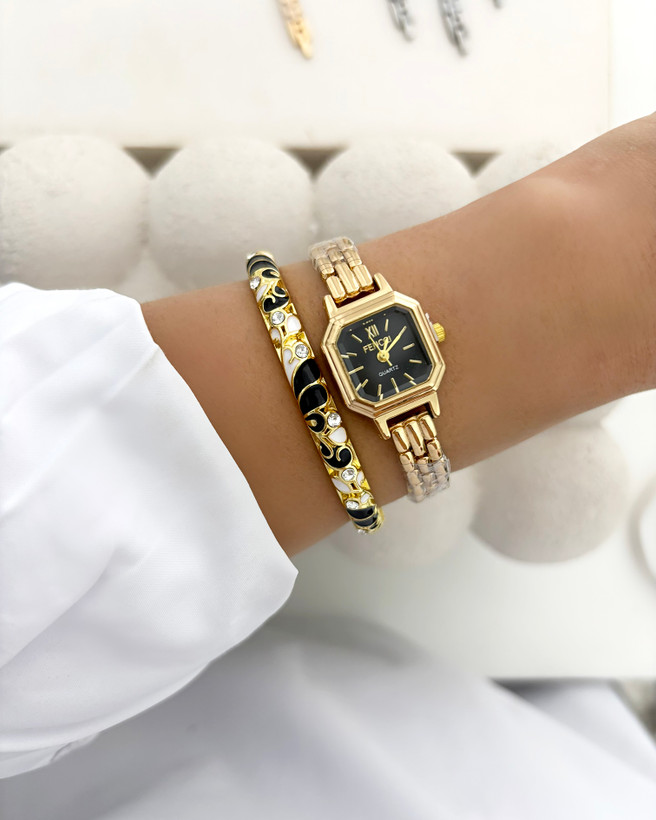 ساعت طلایی صفحه مشکی استیل زنانه