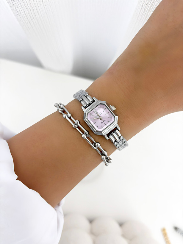 ساعت استیل نقره ای صفحه صورتی زنانه