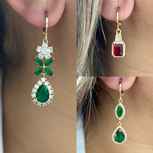 گوشواره اشکی جواهری سبز و قرمز